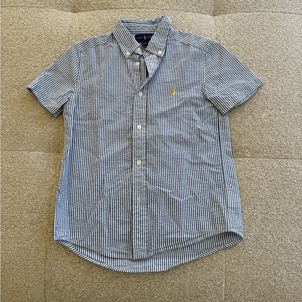 Ralph Lauren Boys Blue White Seersucker Button Down Shirt Size 7 | Short Sleeve